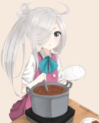 Rule 34 | 10s, 1girl, 2015, :&lt;, asashimo (kancolle), cooking, curry, dated, food, hair over one eye, highres, kantai collection, long hair, md5 mismatch, resized, rice, school uniform, simple background, solo, twitter username, yukichi (sukiyaki39)