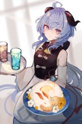 Rule 34 | 1girl, absurdres, ahoge, alternate costume, bare shoulders, bell, blue hair, blurry, blurry background, breasts, closed mouth, commentary request, commission, cowbell, cowboy shot, cup, detached sleeves, dress, drinking glass, eyebrows hidden by hair, flower knot, food, ganyu (genshin impact), genshin impact, goat horns, hair between eyes, highres, holding, holding plate, horns, long hair, looking at viewer, medium breasts, neck bell, pixiv commission, plate, prosperous peace (genshin impact), purple eyes, revision, smile, solo, standing, units lustil, vision (genshin impact), wide sleeves