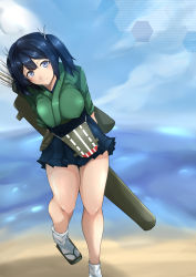 Rule 34 | 10s, 1girl, arrow (projectile), bad id, bad pixiv id, beach, blue eyes, blue hair, blush, breasts, clog sandals, day, flight deck, gggg, highres, japanese clothes, kantai collection, large breasts, long sleeves, looking at viewer, matching hair/eyes, okobo, outdoors, personification, quiver, ribbon, sandals, short hair, skirt, smile, solo, souryuu (kancolle), thighs, twintails, water, wide sleeves