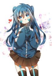 Rule 34 | 1girl, alternate hair length, alternate hairstyle, black thighhighs, blue eyes, blue hair, blue theme, cowboy shot, ene (kagerou project), highres, kagerou project, long hair, microskirt, safaia, skirt, solo, souen senri, thighhighs, twintails, two side up, white background