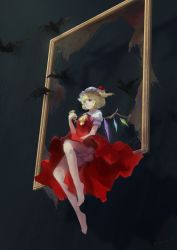 Rule 34 | 1girl, 2016, ascot, asymmetrical hair, barefoot, bat (animal), black background, blonde hair, bloomers, blouse, bow, chalice, collared shirt, crystal, cup, dated, dress, flandre scarlet, foot dangle, from below, full body, glowing, gradient background, hand on lap, hand on own thigh, hat, hat bow, highres, holding, holding cup, looking afar, looking away, mob cap, null cell, one side up, picture frame, puffy short sleeves, puffy sleeves, red bow, red dress, red eyes, shirt, short hair, short sleeves, silk, sitting, solo, spider web, touhou, underwear, upskirt, white bloomers, white shirt, wings, yellow ascot