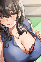 Rule 34 | 1girl, alracoco, bare shoulders, black hair, blue shirt, blush, bra, breasts, cleavage, closed mouth, clothes pull, commentary request, earrings, hair between eyes, highres, jewelry, large breasts, long hair, looking at viewer, mole, mole on breast, mole on neck, mole under eye, mole under mouth, necklace, original, pov, red bra, shirt, shirt pull, sidelocks, sleeveless, sleeveless shirt, sweat, underwear, yellow eyes