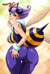 Rule 34 | 1girl, antennae, arthropod girl, ass, ass grab, bee girl, black eyes, cleft of venus, extra eyes, highres, huge ass, insect girl, insect wings, looking back, no pupils, purple hair, q-bee, sano br, solid eyes, spandex, stinger, vampire (game), wings, wrist cuffs