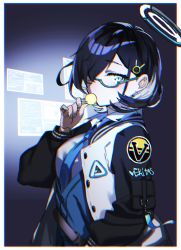 Rule 34 | 1girl, absurdres, aqua-framed eyewear, aqua eyes, aqua necktie, black hair, blue archive, blush, border, breasts, candy, chihiro (blue archive), commentary, erory6 (ro), food, glasses, hair ornament, hair over one eye, hairclip, halo, highres, jacket, lollipop, long sleeves, looking at viewer, necktie, open clothes, open jacket, shirt, short hair, simple background, solo, upper body, white border, white shirt