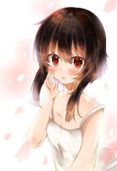 Rule 34 | 1girl, absurdres, bare arms, bare shoulders, breasts, brown hair, collarbone, commentary request, dress, hair between eyes, hand on own cheek, hand on own face, highres, kono subarashii sekai ni shukufuku wo!, leaf, looking at viewer, megumin, red eyes, short hair, simple background, small breasts, solo, sweatdrop, white background, white dress, yuno (suke yuno)