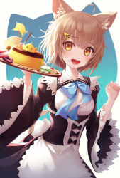 Rule 34 | 1girl, animal ears, apron, bad id, bad pixiv id, blue bow, bow, brown hair, cat ears, dessert, food, h2o (dfo), hair ornament, hairclip, hand up, highres, holding, holding tray, light brown hair, looking at viewer, macaron, maid, open mouth, original, pocky, pudding, short hair, simple background, solo, standing, tray, waitress, white background, wide sleeves