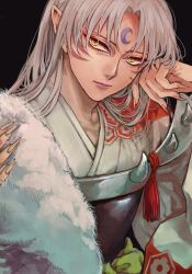 Rule 34 | 1boy, commentary request, crescent, crescent facial mark, facial mark, fingernails, forehead mark, fur shawl, grey hair, hexagon, highres, inuyasha, japanese clothes, long fingernails, long hair, male focus, mo cha ri, pointy ears, sesshoumaru, shawl, shoulder spikes, solo, spikes, upper body, whisker markings, yellow eyes