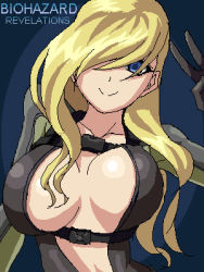 Rule 34 | 1girl, blonde hair, blue eyes, bodysuit, breasts, capcom, cleavage, collarbone, diving suit, formal, hair over one eye, happy, large breasts, long hair, lowres, midriff, minarai zouhyou, open clothes, rachael foley, resident evil, resident evil: revelations, smile, suit, wetsuit