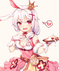 Rule 34 | 1girl, absurdres, animal ears, bare shoulders, belt, breasts, broken heart, brown background, cleavage, cream, crown, crying, crying with eyes open, de da xianyu, dress, food, fox ears, fruit, gloves, hair ornament, hand on own chest, hands up, heart, highres, holding, holding plate, honkai (series), honkai impact 3rd, long hair, medium breasts, mini crown, pink dress, plate, rabbit ears, red belt, red eyes, silver hair, simple background, sleeveless, sleeveless dress, solo, spoken heart, strawberry, tears, theresa apocalypse, theresa apocalypse (sakuno rondo), toothpick, white gloves, x hair ornament