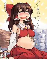 Rule 34 | 1girl, belly, belly stuffing, bondo, bow, breasts, brown hair, detached sleeves, dreaming, face, female focus, hair bow, hakurei reimu, happy, japanese clothes, large breasts, medium breasts, midriff, miko, navel, plump, short hair, sideboob, sleeping, smile, solo, touhou, translated