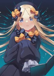 Rule 34 | 1girl, abigail williams (fate), black bow, black dress, black hat, blonde hair, blue eyes, blush, book, bow, breasts, dress, fate/grand order, fate (series), forehead, gradient background, hair bow, hat, highres, long hair, long sleeves, looking at viewer, orange bow, parted bangs, ribbed dress, ryofuhiko, sleeves past fingers, sleeves past wrists, small breasts, solo