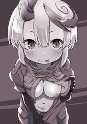 Rule 34 | 1girl, :p, blush, breasts, brown theme, closed mouth, clothes lift, commentary request, cowboy shot, cropped jacket, elbow gloves, gloves, highres, inverted nipples, jacket, jacket lift, jumpsuit, jumpsuit pull, lifted by self, looking at viewer, made in abyss, mauyu, medium breasts, monochrome, multicolored hair, navel, nipples, open clothes, open jacket, open jumpsuit, pouch, puffy short sleeves, puffy sleeves, pussy, pussy peek, short hair, short sleeves, simple background, solo, split mouth, streaked hair, tepaste, tongue, tongue out