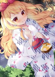 Rule 34 | 1girl, anchor symbol, azur lane, bag, belt, blonde hair, blush, breasts, closed mouth, commission, festival, fireworks, highres, holding, holding bag, japanese clothes, jenkins (azur lane), kimono, leaf, leaf print, long hair, looking at viewer, pink ribbon, print kimono, red belt, red eyes, ribbon, shy, skeb commission, small breasts, solo, standing, upper body, wavy hair, wide sleeves, yam (yamap mako)
