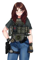 Rule 34 | 1girl, black shirt, blue pants, blush, brown eyes, brown gloves, brown hair, closed mouth, commentary, denim, english commentary, gloves, gun, hand on own hip, highres, holster, jeans, jizi, load bearing vest, medium hair, mole, mole under mouth, original, pants, police, police uniform, policewoman, shirt, short sleeves, smile, solo, t-shirt, tactical clothes, thigh strap, translation request, uniform, united states marshal, watch, weapon, wristwatch