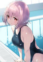 Rule 34 | 1girl, arm support, blue one-piece swimsuit, blush, breasts, competition swimsuit, cowboy shot, gridman universe, highres, jonsun, light purple hair, looking at viewer, medium breasts, one-piece swimsuit, pool, red eyes, shinjou akane, short hair, smile, solo, ssss.gridman, swimsuit, water, wet