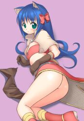 Rule 34 | 1girl, animal ear fluff, animal ears, ass, bikini, bikini top only, blue hair, blush, boots, bow, brown capelet, brown gloves, capelet, cat ears, commentary request, elbow gloves, emurin, expressionless, female focus, flat chest, foot out of frame, gloves, gold trim, green eyes, hair bow, long hair, looking at viewer, lying, mage (ragnarok online), majiko (emurin), midriff, no panties, on side, open mouth, pelvic curtain, purple background, ragnarok online, red bikini, red bow, red footwear, red skirt, showgirl skirt, simple background, skirt, solo, star-shaped pupils, star (symbol), swimsuit, symbol-shaped pupils, two-sided fabric, two-sided skirt, white skirt