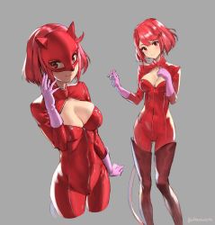 Rule 34 | 1girl, athenawyrm, bob cut, boots, breasts, cleavage, cleavage cutout, clothing cutout, cosplay, gloves, grey background, looking at viewer, mask, medium breasts, nintendo, persona, persona 5, pink gloves, pyra (xenoblade), red eyes, red footwear, red hair, short hair, simple background, smile, standing, tail, takamaki anne, takamaki anne (cosplay), thigh boots, thighhighs, xenoblade chronicles (series), xenoblade chronicles 2, zipper