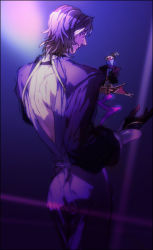 Rule 34 | 1boy, back cutout, backless outfit, clothing cutout, cosplay, dagger, dress, fate/stay night, fate (series), from behind, gloves, knife, kotomine kirei, male focus, medea (fate), medea (fate) (cosplay), pointy ears, purple theme, rulebreaker, shaliva, solo, weapon