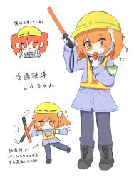 Rule 34 | 2girls, a.i. voice, adachi rei, afterimage, alternate costume, armband, black footwear, blowing whistle, blue jacket, blue pants, blush, blush stickers, boots, chibi, chibi inset, double v, drill hair, gloves, green armband, hair ribbon, hard hat, helmet, high-visibility vest, highres, holding, holding baton, holding whistle, jacket, jitome, kasane teto, long sleeves, looking at viewer, medium hair, mimm pupu, multiple girls, multiple views, no mouth, one side up, orange eyes, orange hair, pants, ribbon, simple background, smile, sparkle, spinning, standing, standing on one leg, traffic baton, translation request, twin drills, utau, v, whistle, white background, white gloves, white ribbon