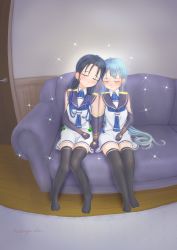 Rule 34 | black gloves, black legwear, blue hair, couch, elbow gloves, gloves, highres, holding hands, indoors, kantai collection, long hair, naviyu elin, samidare (kancolle), sleeping, suzukaze (kancolle), thighhighs, twintails