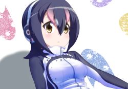 Rule 34 | 10s, 1girl, :&lt;, black hair, blush, breasts, close-up, cropped, headphones, highres, humboldt penguin (kemono friends), jacket, kagiyama (clave), kemono friends, medium breasts, multicolored hair, pink hair, short hair, simple background, solo, streaked hair, white background, yellow eyes, zipper