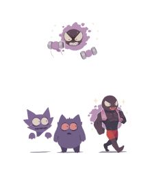 Rule 34 | creatures (company), disembodied hand, dumbbell, evolutionary line, exercising, floating, game freak, gastly, gen 1 pokemon, gengar, ghost, haunter, highres, holding, muscular, nintendo, no humans, o o, plainwhite, pokemon, pokemon (creature), sharp teeth, shorts, simple background, sparkle, standing, sweat, teeth, towel, walking, weightlifting, white background