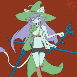 Rule 34 | 1girl, belt, breasts, cat, female focus, furry, furry female, hat, looking at viewer, no bra, purple hair, red background, simple background, solo, sword, the amboina, upper body, walking, weapon, witch hat, yellow eyes