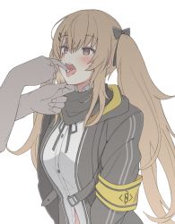 Rule 34 | 1girl, armband, black jacket, brown hair, buttons, capsule, commentary request, girls&#039; frontline, hair between eyes, hair ornament, hair ribbon, hood, hooded jacket, jacket, long hair, long sleeves, mobu, open mouth, out of frame, pill, pill on tongue, ribbon, scar, scar across eye, scar on face, scarf, shirt, solo focus, twintails, ump9 (girls&#039; frontline), upper body, white shirt