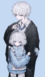 Rule 34 | 1boy, 1girl, absurdres, age difference, aochan 1325, apron, arm hug, black cardigan, blue background, blue eyes, blue jacket, blue necktie, blush, cardigan, child, collared shirt, couple, cowboy shot, cross, cross earrings, earrings, expressionless, hair ornament, hetero, highres, jacket, jersey maid, jewelry, looking at viewer, maid, maid apron, maid headdress, necktie, original, rabbit hair ornament, ring, ringed eyes, shirt, short hair, simple background, sleeves past wrists, thigh strap, unconventional maid, white hair, white shirt