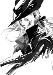 Rule 34 | 1girl, ascot, bloodborne, greyscale, hat, highres, jiao chang, lady maria of the astral clocktower, monochrome, ponytail, solo, tricorne, upper body, white hair
