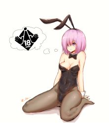 Rule 34 | 1girl, animal ears, black hairband, black leotard, bow, bowtie, breasts, rabbit ears, covered navel, detached collar, fake animal ears, fate/grand order, fate (series), full body, hair over one eye, hairband, highres, leotard, mash kyrielight, medium breasts, no shoes, pantyhose, pink eyes, pink hair, playboy bunny, raayu (0u rayu), sitting, solo, strapless, strapless leotard, thought bubble, twitter username, wariza, wrist cuffs