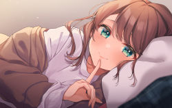 Rule 34 | 1girl, anzu (vtuber), anzu 1026, blouse, brown hair, closed mouth, commission, green eyes, highres, index finger raised, indie virtual youtuber, light blush, light particles, looking at viewer, lying, on side, shirt, skeb commission, smile, solo, upper body, virtual youtuber, white shirt