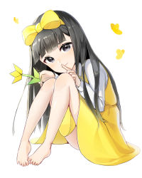 Rule 34 | 1girl, absurdres, bare legs, barefoot, black eyes, black hair, blunt bangs, bow, bug, butterfly, closed mouth, devotion, dress, du meishin, finger to mouth, flower, garglin, hair bow, hairband, highres, index finger raised, insect, leaning forward, long hair, long sleeves, looking at viewer, pinafore dress, shirt, shushing, simple background, sitting, sleeveless, sleeveless dress, smile, solo, very long hair, white background, white shirt, yellow bow, yellow dress, yellow flower, yellow hairband