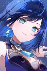 Rule 34 | 1girl, a20 (atsumaru), blue background, blue eyes, blue hair, commentary request, genshin impact, looking at viewer, short hair, smile, solo, upper body, yelan (genshin impact)
