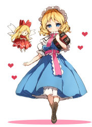 Rule 34 | 2girls, alice margatroid, blonde hair, blue dress, blue eyes, blush, book, boots, bow, brown footwear, closed mouth, colored shadow, commentary, cross-laced footwear, dress, hair bow, heart, holding, holding book, lace-up boots, long hair, multiple girls, piyokichi, pleated dress, puffy short sleeves, puffy sleeves, red bow, red dress, revision, shadow, shanghai doll, shirt, short sleeves, sleeveless, sleeveless dress, smile, touhou, very long hair, white background, white shirt, white wings, wings