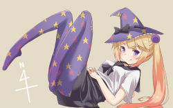 Rule 34 | 10s, 1girl, :p, aoki minami (+box), blonde hair, blush, bow, hat, hat bow, kantai collection, knees up, kyuu pito, long hair, looking at viewer, lying, majokko (kancolle), no shoes, on back, pantyhose, patterned legwear, personification, print headwear, print pantyhose, purple eyes, purple pantyhose, rashinban musume, side ponytail, solo, star (symbol), star print, tongue, tongue out, witch hat