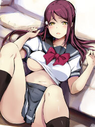 Rule 34 | areola slip, belly, black socks, blush, bow, breasts, gengoroh, grey sailor collar, grey skirt, hair ornament, hairclip, highres, holding, holding own hair, large breasts, love live!, love live! sunshine!!, lying, medium hair, on bed, on floor, red bow, red hair, sailor collar, sakurauchi riko, skirt, skirt rolled up, socks, thighs, yellow eyes