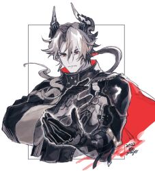 Rule 34 | 1boy, arknights, black hair, black shirt, black skin, border, cape, chong yue (arknights), colored skin, commentary, dated, dragon boy, dragon horns, frown, horns, long sleeves, looking at viewer, male focus, multicolored hair, oisyox72, pointy ears, red cape, red eyes, shirt, signature, simple background, solo, spot color, streaked hair, white background, white hair