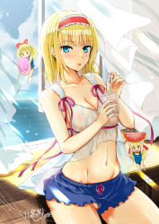 Rule 34 | 3girls, alice margatroid, alternate costume, bad id, bad pixiv id, bendy straw, blonde hair, blue eyes, blush, breasts, cleavage, contemporary, cup, curtains, drinking straw, food, grapefruit, hairband, kojima saya, looking at viewer, macaron, medium breasts, midriff, multiple girls, navel, no panties, one-piece swimsuit, open mouth, partially visible vulva, pussy, pussy peek, shanghai doll, short hair, short shorts, shorts, sitting, smile, stomach, swimsuit, touhou, translucent, upshorts, window