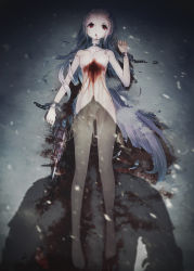 Rule 34 | 1girl, barefoot, black hair, blood, blood on face, blood stain, blood on clothes, broken handcuffs, collarbone, cuffs, eyebrows, fantasy, graphite (medium), gun, handcuffs, highres, holding, holding gun, holding weapon, horns, inzanaki, long hair, lying, on back, original, panties, red eyes, shadow, solo, traditional media, underwear, weapon, white panties