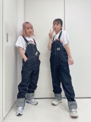 Rule 34 | 2girls, aida rikako, furihata ai, highres, looking at viewer, multiple girls, overalls, photo (medium), pink hair, standing, voice actor