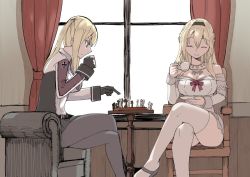 Rule 34 | 10s, 2girls, bare shoulders, black gloves, black legwear, blonde hair, board game, braid, breasts, celtic knot, chair, chess, chess piece, chessboard, corset, cross, cup, curtains, dress, closed eyes, french braid, garter straps, gloves, graf zeppelin (kancolle), hair between eyes, hairband, iron cross, jacket, jewelry, kantai collection, large breasts, crossed legs, long hair, long sleeves, masukuza j, military, military uniform, miniskirt, mug, multiple girls, necklace, necktie, off-shoulder dress, off shoulder, pantyhose, red ribbon, ribbon, sidelocks, skirt, smile, table, tea, teacup, thighhighs, twintails, uniform, warspite (kancolle), white dress, white legwear, window