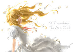 Rule 34 | 1girl, blonde hair, bubble, character name, copyright name, dress, hair over eyes, long hair, parted lips, ribbon, scp-239, scp fodunation, scp foundation, seneo, solo