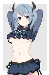 Rule 34 | 1girl, absurdres, arm up, arms behind head, blue hair, breasts, fujishiro emyu, highres, kasane ao, large breasts, low twintails, magia record: mahou shoujo madoka magica gaiden, mahou shoujo madoka magica, midriff, navel, purple eyes, ribbon, simple background, smile, solo, twintails, underboob