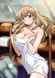 Rule 34 | 00s, 1girl, aqua eyes, bare shoulders, basket, blush, breasts, brown hair, cleavage, collarbone, cowboy shot, electric fan, eyebrows, hairband, hands on own chest, huge breasts, ikkitousen, light brown hair, long hair, looking at viewer, naked towel, red hairband, shelf, shiny skin, smile, solo, sonken chuubou, towel, wavy hair, window