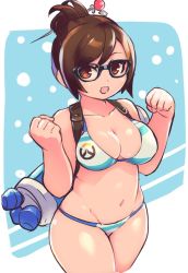 Rule 34 | 1girl, :d, bare arms, bare shoulders, bikini, black-framed eyewear, breasts, brown hair, chingisu, cleavage, clenched hands, cowboy shot, glasses, groin, hair bun, hair ornament, hair stick, hands up, large breasts, mei (overwatch), navel, open mouth, orange eyes, overwatch, overwatch 1, short hair, single hair bun, smile, solo, stomach, striped bikini, striped clothes, swept bangs, swimsuit