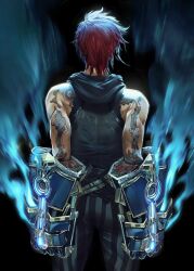 Rule 34 | 1girl, arcane: league of legends, arcane vi, arm tattoo, arms at sides, bare shoulders, black pants, black shirt, cowboy shot, facing away, from behind, gauntlets, highres, hooded shirt, league of legends, pants, red hair, shirt, short hair, shoulder tattoo, solo, standing, steam, striped clothes, striped pants, tattoo, torn clothes, torn shirt, vi (league of legends), zacchud