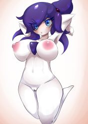 Rule 34 | 1girl, absurdres, alternate color, alternate shiny pokemon, armpits, arms behind head, arms up, ashraely, barefoot, blue eyes, blush, breasts, cleft of venus, colored skin, commission, creatures (company), eyes visible through hair, female focus, game freak, gardevoir, gen 3 pokemon, gradient background, groin, hair tie, highres, huge breasts, large areolae, leg up, long hair, looking at viewer, navel, nintendo, nipples, nude, parted lips, pokemon, pokemon (creature), ponytail, purple hair, pussy, simple background, solo, stomach, swept bangs, teeth, uncensored, white background, white skin
