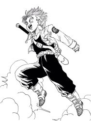 Rule 34 | 1boy, :d, boots, capsule corp, cloud, cloudy sky, commentary, dragon ball, dragonball z, floating hair, full body, greyscale, happy, highres, jacket, jumping, lee (dragon garou), looking away, male focus, monochrome, open mouth, pants, parody, short hair, simple background, sky, smile, solo, sword, toki wo kakeru shoujo, trunks (dragon ball), trunks (future) (dragon ball), weapon, white background
