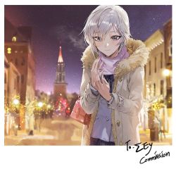 Rule 34 | 1girl, anastasia (idolmaster), arms up, bag, beige coat, black skirt, black sky, blue eyes, blush, buttons, character request, coat, commentary request, commission, fingernails, fireworks, gradient sky, grey hair, hair over one eye, handbag, happy, idolmaster, jewelry, long sleeves, looking at viewer, modare, nail polish, night, night sky, open clothes, open coat, outdoors, pink nails, plaid, pleated skirt, purple scarf, purple sky, ring, scarf, school uniform, short hair, skirt, sky, smile, solo, sparkler, standing, star (sky), starry sky, tower, town